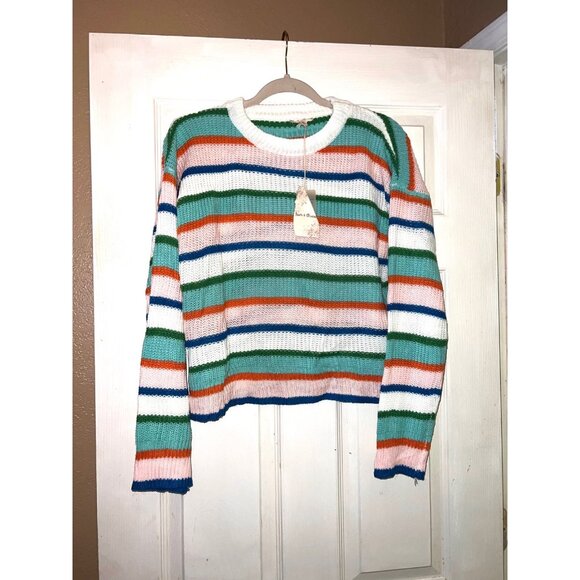 Hem & Thread Slouchy Knit Sweater Pastel Colorful Striped medium nwt Crew Neck - Picture 2 of 4